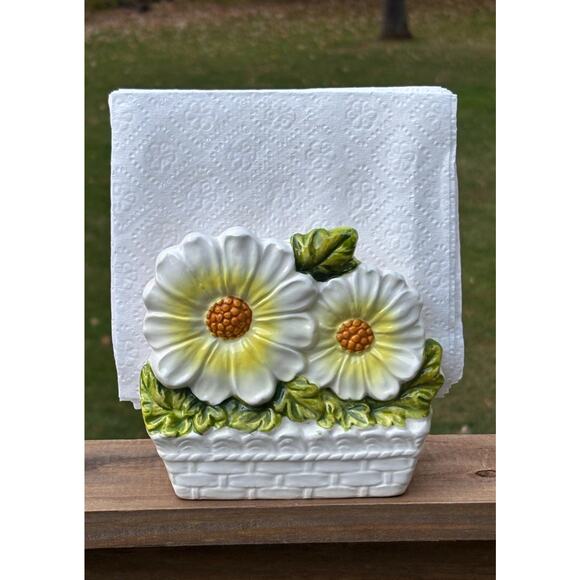 Vintage Lefton Daisies Woven Basket Cottage Farmhouse Ceramic Napkin Holder - Picture 1 of 8